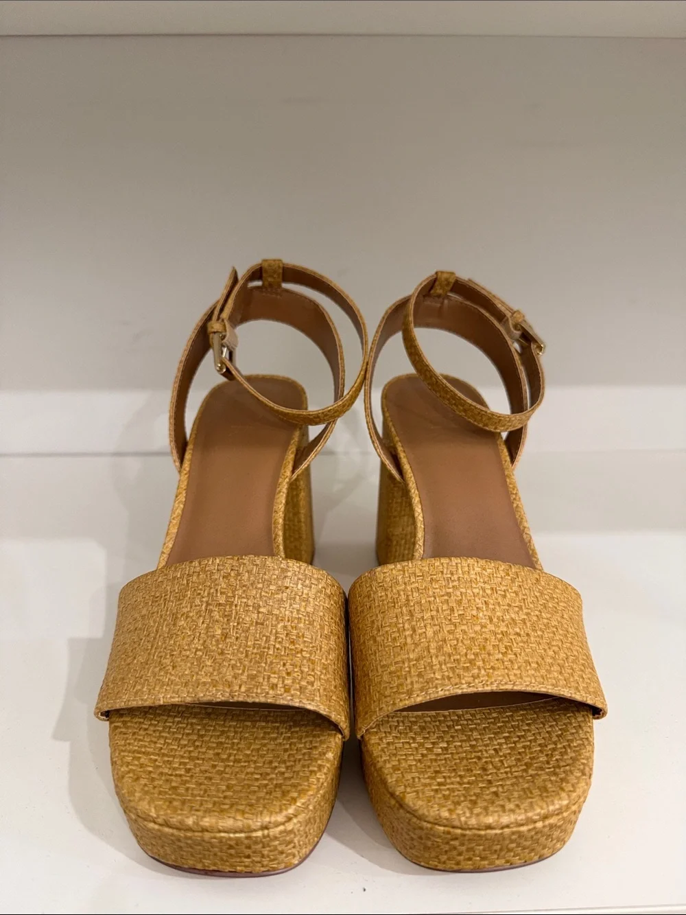 Woven Platform Ankle-Strap Sandals in Tan